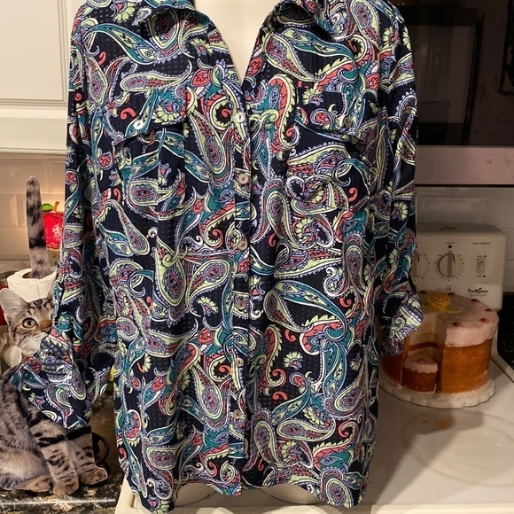 P Kim Rogers paisley long roll tab sleeves button up pants plus size shirt 2X - Picture 1 of 5